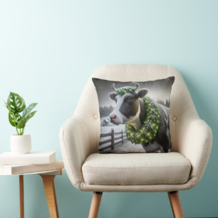 Christmas Holstein Cow With Glowing Wreath Throw Pillow