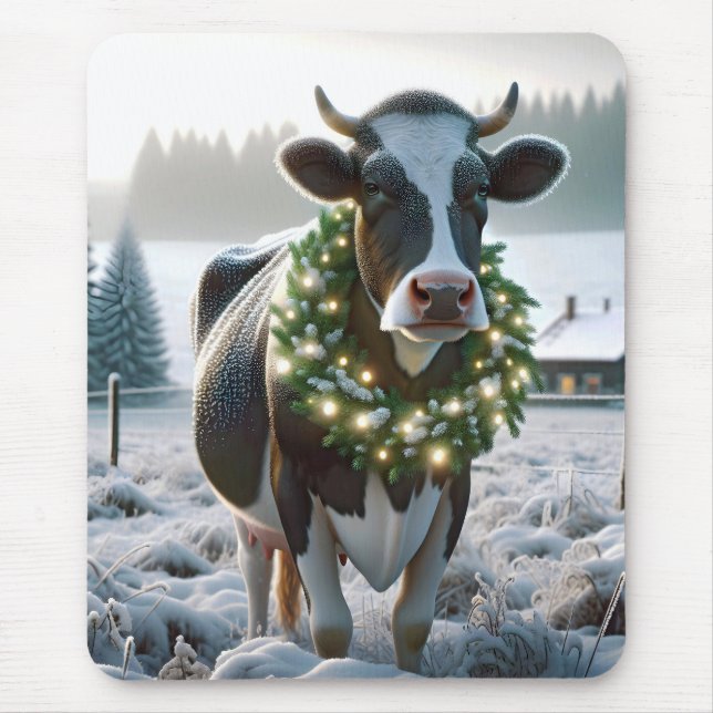Christmas Holstein Cow With Wreath Mouse Pad (Front)