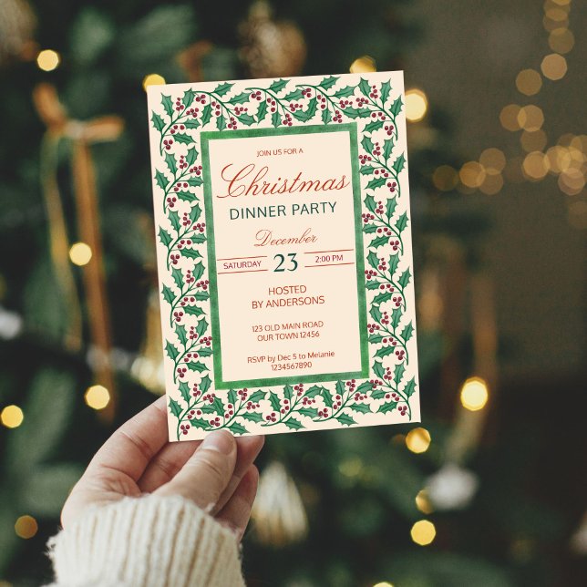 Christmas holy berries dinner party invitation (Christmas holy berry elegant dinner party invitation cards template holiday party invites)