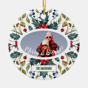 Christmas Holy Berries Wreath Photo Monogram Ceramic Ornament