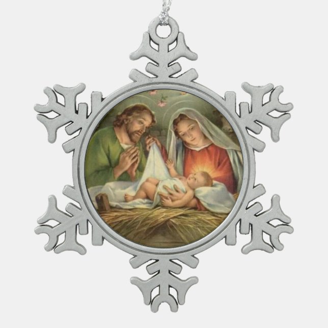 Christmas Holy Family Nativity Jesus Mary Joseph Snowflake Pewter Christmas Ornament (Front)