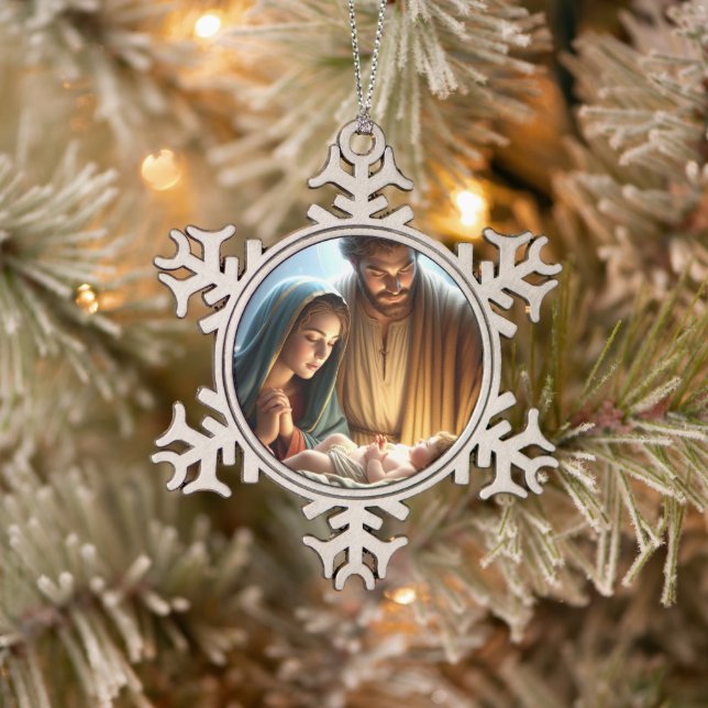 Christmas Holy Family Snowflake Pewter Christmas Ornament (Tree)
