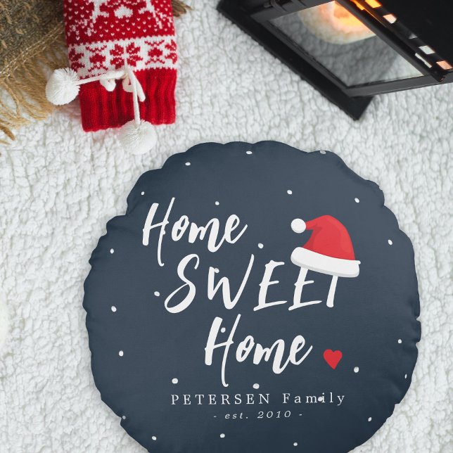 Christmas home sweet home Santa hat family name Round Pillow (Creator Uploaded)