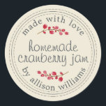 Christmas Homemade Cranberry Jam Can Antique White Classic Round Sticker<br><div class="desc">Rustic and modern homemade Christmas jam canning cranberry jam jar sticker with the text made with love, homemade cranberry jam and your name in modern script on an antique white background with a stylish touch of cranberries. Simply add your name and the product name to the label. Exclusively designed for...</div>