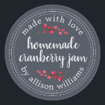 Christmas Homemade Cranberry Jam Can Dark Blue Classic Round Sticker<br><div class="desc">Rustic and modern homemade Christmas jam canning cranberry jam jar sticker with the text made with love, homemade cranberry jam and your name in white chic script calligraphy and modern typography on a charcoal dark blue background with a stylish touch of cranberries. Simply add your name and the product name...</div>