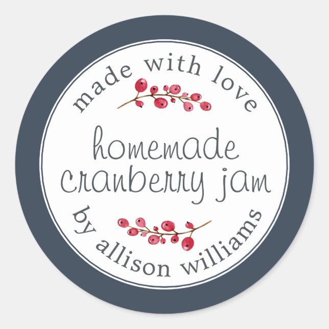 Christmas Homemade Cranberry Jam Can Dark Blue Classic Round Sticker (Front)