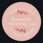 Christmas Homemade Cranberry Jam Can Dusty Pink Classic Round Sticker<br><div class="desc">Rustic and modern homemade Christmas jam canning cranberry jam jar sticker with the text made with love, homemade cranberry jam and your name in modern script calligraphy on a dusty pink background with a stylish touch of cranberries. Simply add your name and the product name to the label. Exclusively designed...</div>