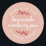 Christmas Homemade Cranberry Jam Can Dusty Pink Classic Round Sticker<br><div class="desc">Rustic and modern homemade Christmas jam canning cranberry jam jar sticker with the text made with love, homemade cranberry jam and your name in white chic script calligraphy and modern typography on a dusty pink background with a stylish touch of cranberries. Simply add your name and the product name to...</div>