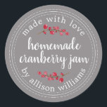 Christmas Homemade Cranberry Jam Can Flannel Grey Classic Round Sticker<br><div class="desc">Rustic and modern homemade Christmas jam canning cranberry jam jar sticker with the text made with love, homemade cranberry jam and your name in white chic script calligraphy and modern typography on a flannel grey background with a stylish touch of cranberries. Simply add your name and the product name to...</div>