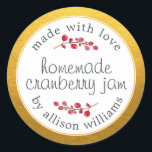 Christmas Homemade Cranberry Jam Can Gold Classic  Classic Round Sticker<br><div class="desc">Rustic and modern homemade Christmas jam canning cranberry jam jar sticker with the text made with love, homemade cranberry jam and your name in modern script on a classic gold background with a stylish touch of cranberries. Simply add your name and the product name to the label. Exclusively designed for...</div>