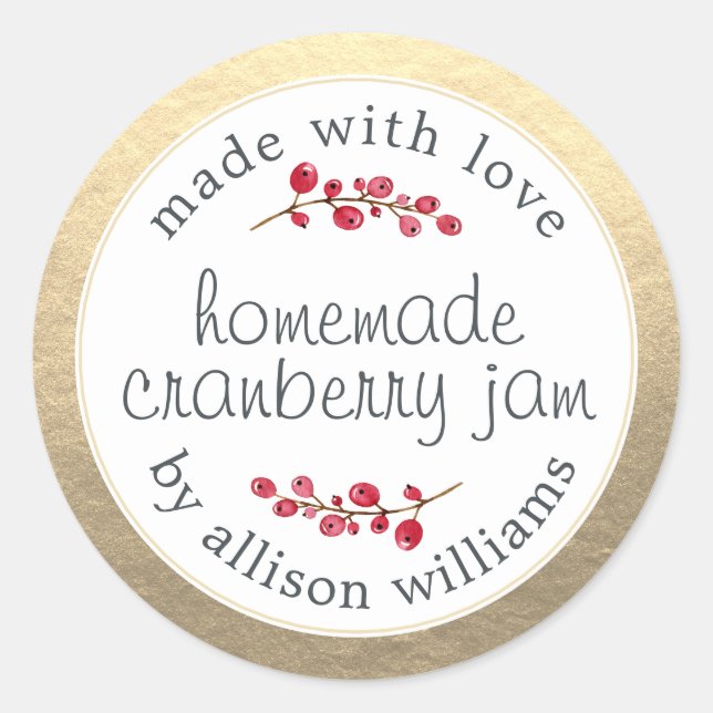 Christmas Homemade Cranberry Jam Can Gold Classic Round Sticker (Front)