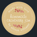 Christmas Homemade Cranberry Jam Can Gold Yellow Classic Round Sticker<br><div class="desc">Rustic and modern homemade Christmas jam canning cranberry jam jar sticker with the text made with love, homemade cranberry jam and your name in modern script calligraphy on a bright days gold yellow background with a stylish touch of cranberries. Simply add your name and the product name to the label....</div>