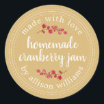 Christmas Homemade Cranberry Jam Can Gold Yellow Classic Round Sticker<br><div class="desc">Rustic and modern homemade Christmas jam canning cranberry jam jar sticker with the text made with love, homemade cranberry jam and your name in white chic script calligraphy and modern typography on a gold yellow background with a stylish touch of cranberries. Simply add your name and the product name to...</div>