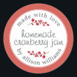 Christmas Homemade Cranberry Jam Can Red Classic Round Sticker<br><div class="desc">Rustic and modern homemade Christmas jam canning cranberry jam jar sticker with the text made with love, homemade cranberry jam and your name in modern script on a red background with a stylish touch of cranberries. Simply add your name and the product name to the label. Exclusively designed for you...</div>