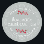 Christmas Homemade Cranberry Jam Can Storm Grey Classic Round Sticker<br><div class="desc">Rustic and modern homemade Christmas jam canning cranberry jam jar sticker with the text made with love, homemade cranberry jam and your name in modern script calligraphy on a storm grey background with a stylish touch of cranberries. Simply add your name and the product name to the label. Exclusively designed...</div>