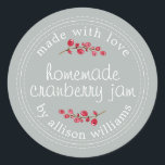 Christmas Homemade Cranberry Jam Can Storm Grey Classic Round Sticker<br><div class="desc">Rustic and modern homemade Christmas jam canning cranberry jam jar sticker with the text made with love, homemade cranberry jam and your name in modern script calligraphy on a storm grey background with a stylish touch of cranberries. Simply add your name and the product name to the label. Exclusively designed...</div>