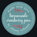 Christmas Homemade Cranberry Jam Can Teal Classic Round Sticker<br><div class="desc">Rustic and modern homemade Christmas jam canning cranberry jam jar sticker with the text made with love, homemade cranberry jam and your name in white chic script calligraphy and modern typography on a teal background with a stylish touch of cranberries. Simply add your name and the product name to the...</div>