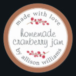 Christmas Homemade Cranberry Jam Can Terracotta Classic Round Sticker<br><div class="desc">Rustic and modern homemade Christmas jam canning cranberry jam jar sticker with the text made with love, homemade cranberry jam and your name in modern script on a terracotta background with a stylish touch of cranberries. Simply add your name and the product name to the label. Exclusively designed for you...</div>