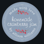 Christmas Homemade Cranberry Jam Can Vintage Blue Classic Round Sticker<br><div class="desc">Rustic and modern homemade Christmas jam canning cranberry jam jar sticker with the text made with love, homemade cranberry jam and your name in modern script on a vintage blue background with a stylish touch of cranberries. Simply add your name and the product name to the label. Exclusively designed for...</div>