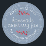 Christmas Homemade Cranberry Jam Can Vintage Blue Classic Round Sticker<br><div class="desc">Rustic and modern homemade Christmas jam canning cranberry jam jar sticker with the text made with love, homemade cranberry jam and your name in modern script on a vintage blue background with a stylish touch of cranberries. Simply add your name and the product name to the label. Exclusively designed for...</div>