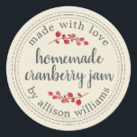Christmas Homemade Cranberry Jam Canning Antique Classic Round Sticker<br><div class="desc">Rustic and modern homemade Christmas jam canning cranberry jam jar sticker with the text made with love, homemade cranberry jam and your name in off-black chic script calligraphy and modern typography on an antique white background with a stylish touch of cranberries. Simply add your name and the product name to...</div>