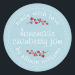 Christmas Homemade Cranberry Jam Canning Blue Classic Round Sticker<br><div class="desc">Rustic and modern homemade Christmas jam canning cranberry jam jar sticker with the text made with love, homemade cranberry jam and your name in modern script on a blue glow background with a stylish touch of cranberries. Simply add your name and the product name to the label. Exclusively designed for...</div>
