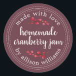 Christmas Homemade Cranberry Jam Canning Burgundy Classic Round Sticker<br><div class="desc">Rustic and modern homemade Christmas jam canning cranberry jam jar sticker with the text made with love, homemade cranberry jam and your name in white chic script calligraphy and modern typography on a burgundy background with a stylish touch of cranberries. Simply add your name and the product name to the...</div>