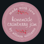 Christmas Homemade Cranberry Jam Canning Cassis Classic Round Sticker<br><div class="desc">Rustic and modern homemade Christmas jam canning cranberry jam jar sticker with the text made with love, homemade cranberry jam and your name in modern script on a purple cassis background with a stylish touch of cranberries. Simply add your name and the product name to the label. Exclusively designed for...</div>