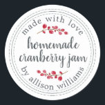 Christmas Homemade Cranberry Jam Canning Classic Round Sticker<br><div class="desc">Rustic and modern homemade Christmas jam canning cranberry jam jar sticker with the text made with love, homemade cranberry jam and your name in off-black chic script calligraphy and modern typography on a white background with a stylish touch of cranberries. Simply add your name and the product name to the...</div>