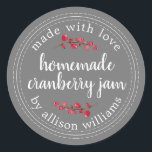 Christmas Homemade Cranberry Jam Canning Classic Round Sticker<br><div class="desc">Rustic and modern homemade Christmas jam canning cranberry jam jar sticker with the text made with love, homemade cranberry jam and your name in white chic script calligraphy and modern typography on a dark grey background with a stylish touch of cranberries. Simply add your name and the product name to...</div>