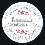 Christmas Homemade Cranberry Jam Canning Classic Round Sticker<br><div class="desc">Rustic and modern homemade Christmas jam canning cranberry jam jar sticker with the text made with love, homemade cranberry jam and your name in modern script on a white background with a stylish touch of cranberries. Simply add your name and the product name to the label. Exclusively designed for you...</div>