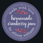 Christmas Homemade Cranberry Jam Canning Classic Round Sticker<br><div class="desc">Rustic and modern homemade Christmas jam canning cranberry jam jar sticker with the text made with love, homemade cranberry jam and your name in white chic script calligraphy and modern typography on a navy blue background with a stylish touch of cranberries. Simply add your name and the product name to...</div>