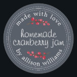 Christmas Homemade Cranberry Jam Canning Dark Blue Classic Round Sticker<br><div class="desc">Rustic and modern homemade Christmas jam canning cranberry jam jar sticker with the text made with love, homemade cranberry jam and your name in modern script on a dark blue background with a stylish touch of cranberries. Simply add your name and the product name to the label. Exclusively designed for...</div>