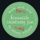 Christmas Homemade Cranberry Jam Canning Green Classic Round Sticker<br><div class="desc">Rustic and modern homemade Christmas jam canning cranberry jam jar sticker with the text made with love, homemade cranberry jam and your name in modern script on a green background with a stylish touch of cranberries. Simply add your name and the product name to the label. Exclusively designed for you...</div>