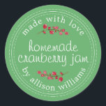 Christmas Homemade Cranberry Jam Canning Green Classic Round Sticker<br><div class="desc">Rustic and modern homemade Christmas jam canning cranberry jam jar sticker with the text made with love, homemade cranberry jam and your name in modern script on a green background with a stylish touch of cranberries. Simply add your name and the product name to the label. Exclusively designed for you...</div>