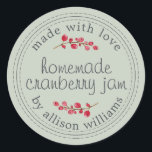 Christmas Homemade Cranberry Jam Canning Green Classic Round Sticker<br><div class="desc">Rustic and modern homemade Christmas jam canning cranberry jam jar sticker with the text made with love, homemade cranberry jam and your name in modern script on a pastel green background with a stylish touch of cranberries. Simply add your name and the product name to the label. Exclusively designed for...</div>