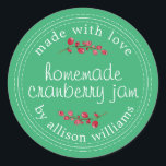 Christmas Homemade Cranberry Jam Canning Green Classic Round Sticker<br><div class="desc">Rustic and modern homemade Christmas jam canning cranberry jam jar sticker with the text made with love, homemade cranberry jam and your name in modern script on a green background with a stylish touch of cranberries. Simply add your name and the product name to the label. Exclusively designed for you...</div>