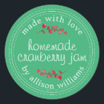 Christmas Homemade Cranberry Jam Canning Green Classic Round Sticker<br><div class="desc">Rustic and modern homemade Christmas jam canning cranberry jam jar sticker with the text made with love, homemade cranberry jam and your name in modern script on a green background with a stylish touch of cranberries. Simply add your name and the product name to the label. Exclusively designed for you...</div>
