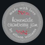 Christmas Homemade Cranberry Jam Canning Grey Classic Round Sticker<br><div class="desc">Rustic and modern homemade Christmas jam canning cranberry jam jar sticker with the text made with love, homemade cranberry jam and your name in modern script on a dark grey background with a stylish touch of cranberries. Simply add your name and the product name to the label. Exclusively designed for...</div>