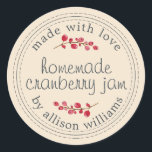 Christmas Homemade Cranberry Jam Canning Ivory Classic Round Sticker<br><div class="desc">Rustic and modern homemade Christmas jam canning cranberry jam jar sticker with the text made with love, homemade cranberry jam and your name in modern script on an ivory background with a stylish touch of cranberries. Simply add your name and the product name to the label. Exclusively designed for you...</div>