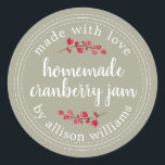 Christmas Homemade Cranberry Jam Canning Moss Grey Classic Round Sticker<br><div class="desc">Rustic and modern homemade Christmas jam canning cranberry jam jar sticker with the text made with love, homemade cranberry jam and your name in white chic script calligraphy and modern typography on a moss grey background with a stylish touch of cranberries. Simply add your name and the product name to...</div>
