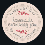 Christmas Homemade Cranberry Jam Canning Pink Classic Round Sticker<br><div class="desc">Rustic and modern homemade Christmas jam canning cranberry jam jar sticker with the text made with love, homemade cranberry jam and your name in modern script on a peach dust pastel pink background with a stylish touch of cranberries. Simply add your name and the product name to the label. Exclusively...</div>