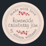 Christmas Homemade Cranberry Jam Canning Pink Classic Round Sticker<br><div class="desc">Rustic and modern homemade Christmas jam canning cranberry jam jar sticker with the text made with love, homemade cranberry jam and your name in modern script on a peach dust pastel pink background with a stylish touch of cranberries. Simply add your name and the product name to the label. Exclusively...</div>