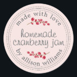 Christmas Homemade Cranberry Jam Canning Pink Classic Round Sticker<br><div class="desc">Rustic and modern homemade Christmas jam canning cranberry jam jar sticker with the text made with love, homemade cranberry jam and your name in modern script on a pastel pink background with a stylish touch of cranberries. Simply add your name and the product name to the label. Exclusively designed for...</div>