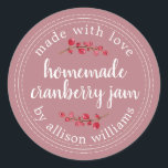 Christmas Homemade Cranberry Jam Canning Purple Classic Round Sticker<br><div class="desc">Rustic and modern homemade Christmas jam canning cranberry jam jar sticker with the text made with love, homemade cranberry jam and your name in white chic script calligraphy and modern typography on a dusty rose purple background with a stylish touch of cranberries. Simply add your name and the product name...</div>