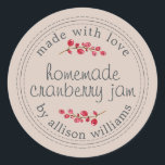 Christmas Homemade Cranberry Jam Canning Purple Classic Round Sticker<br><div class="desc">Rustic and modern homemade Christmas jam canning cranberry jam jar sticker with the text made with love, homemade cranberry jam and your name in modern script on a almond peach pastel purple background with a stylish touch of cranberries. Simply add your name and the product name to the label. Exclusively...</div>