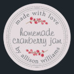 Christmas Homemade Cranberry Jam Canning Purple Classic Round Sticker<br><div class="desc">Rustic and modern homemade Christmas jam canning cranberry jam jar sticker with the text made with love, homemade cranberry jam and your name in modern script on a pastel purple background with a stylish touch of cranberries. Simply add your name and the product name to the label. Exclusively designed for...</div>