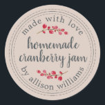 Christmas Homemade Cranberry Jam Canning Purple Classic Round Sticker<br><div class="desc">Rustic and modern homemade Christmas jam canning cranberry jam jar sticker with the text made with love, homemade cranberry jam and your name in off-black chic script calligraphy and modern typography on an almond peach pastel purple background with a stylish touch of cranberries. Simply add your name and the product...</div>
