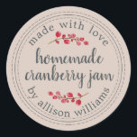 Christmas Homemade Cranberry Jam Canning Purple Classic Round Sticker<br><div class="desc">Rustic and modern homemade Christmas jam canning cranberry jam jar sticker with the text made with love, homemade cranberry jam and your name in off-black chic script calligraphy and modern typography on an almond peach pastel purple background with a stylish touch of cranberries. Simply add your name and the product...</div>