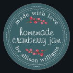 Christmas Homemade Cranberry Jam Canning Teal Classic Round Sticker<br><div class="desc">Rustic and modern homemade Christmas jam canning cranberry jam jar sticker with the text made with love, homemade cranberry jam and your name in modern script on a deep teal background with a stylish touch of cranberries. Simply add your name and the product name to the label. Exclusively designed for...</div>